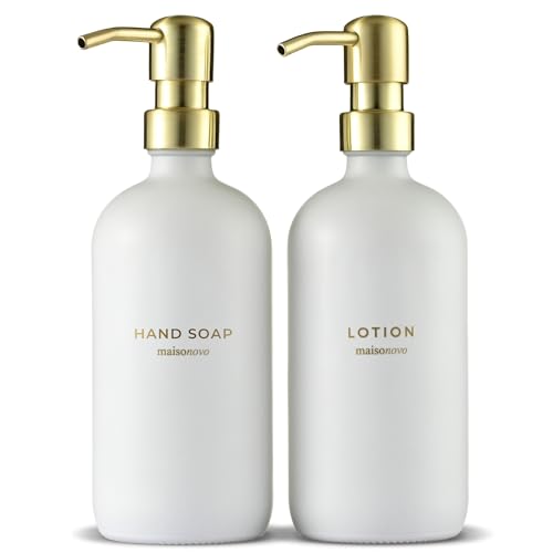 MaisoNovo Soap Dispenser 2-Piece Set | 16.9oz Clear Bottles with Gold Stainless Steel Pump Core - color: White/Gold