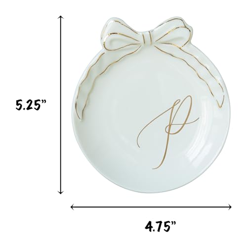 COLLECTIVE HOME Ceramic Jewelry Tray, Monogram Trinket Dish with Bow (P) | Mothers Day Graduation Christmas Birthday Gifts for Women, Bridesmaid Proposal Gifts, Features Real Gold Trim & Gift Box - color: P