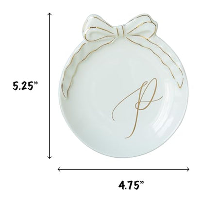 COLLECTIVE HOME Ceramic Jewelry Tray, Monogram Trinket Dish with Bow (P) | Mothers Day Graduation Christmas Birthday Gifts for Women, Bridesmaid Proposal Gifts, Features Real Gold Trim & Gift Box - color: P