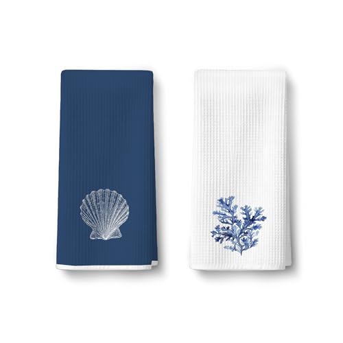 2 Pack Seashell Coastal Bathroom Hand Towels - Coral Ocean Navy Blue Waffle Bath Hand Towel Decorative for Summer Kitchen Towels, Beach House Coastal Bathroom Decor, Beach Gifts for Women Men116 - color: Ccolor013