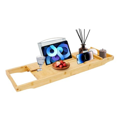 Bamboo Shelf, Expandable Bamboo Bathtub Tray with Wine Glass Holder & Tablet Stand, Adjustable 29.5-42.9 Inch Bath Caddy for Spa Relaxation, Home & Mothers Day & Birthday Gifts for Mom