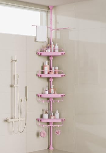 XLHOMO 32-122inch Corner Shower Caddy Tension Pole Pink, Rustproof Drill-Free Shower Shelves for Bathroom Bathtub Washbasin, Adjustable Shower Organizer with 4 Tier Patent Stable Shelves & Towel Bars - color: Pink