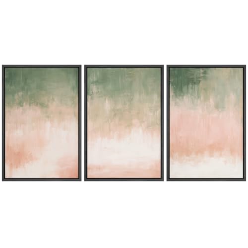SIGNFORD Framed Canvas Print Wall Art Set Abstract Green and Pink Modern Minimalist Brushstroke Illustrations Modern Art Bohemian Nordic Relax/Calm for Living Room, Bedroom, Office - 16"x24"x3 Black - color: Ae06-2508-edw08, size: 16"x24"x3 Panels Black