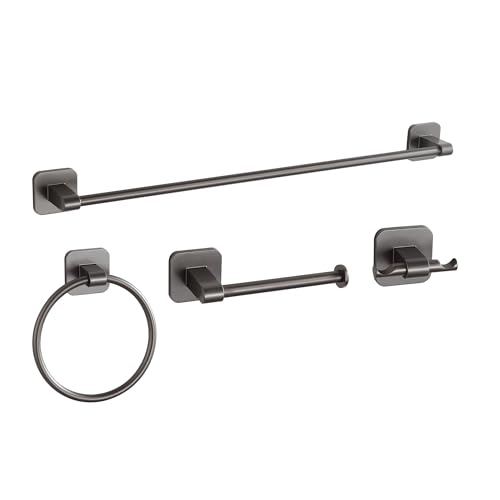 4 Pieces Bathroom Hardware Set, 24 inch Towel Bar, Towel Racks, Robe Towel Hooks, Toilet Paper Holder Wall Mounted Or Self-Adhesive,Stainless Steel and Plastic Bathroom Accessories Kit(Gray) - color: Gray