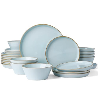 Famiware Saturn Stoneware Dishes Dinnerware Set for 8, Rimmed Plates, Bowls | Light Blue, 24-Piece Ceramic Kitchenware, Chip and Scratch Resistant, Microwave and Dishwasher Safe, Modern Rustic Tableware - color: Light Blue, size: 24