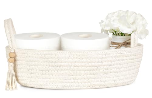 Mkono Toilet Paper Basket, Boho Bathroom Decor, Small Storage Organizer | White, 13"L x 6"W, Back of Toilet Basket, Decorative Woven Tray with Handles, Space-Saving, Living Room Bedroom, 1 Pack - color: White, size: Small