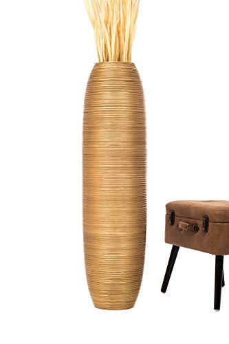 LEEWADEE Large Floor Vase – Handmade Flower Holder Made of Wood, Sophisticated Vessel for Decorative Branches and Dried Flowers, 43 inches, Golden | Decorative Vase for Living Room, for Branches & Dried Herbs. Stronger than ceramic, without water. Bohemia