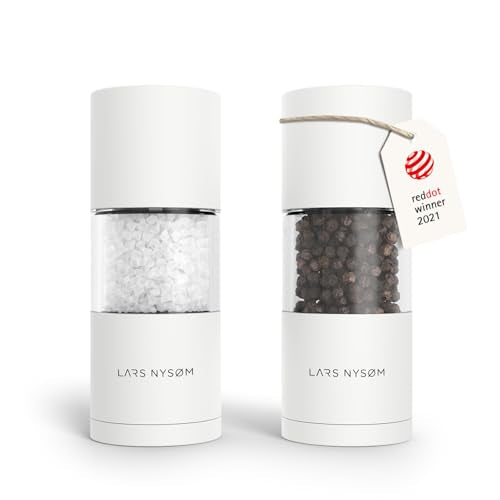 LARS NYSØM Salt and Pepper Grinder Set I Salt and Pepper Mills with Adjustable Ceramic Grinder 2 pieces I Manual Design Spice Mill Set (Pure White) - color: Pure White