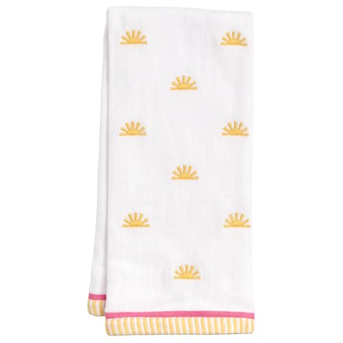 Ritz 2-Piece Cotton Velour Bathroom Hand Towel Set, Embroidered Sun Allover Pattern, Soft White Decorative Towels with Yellow & Pink Striped Border, Bath Decor, 16” x 26” - color: Suns, size: 2-Pack Hand Towels