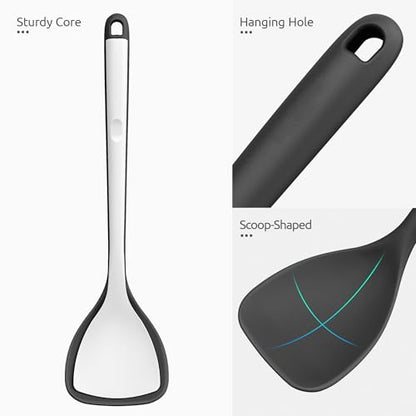 U-Taste 7+9+12 inch 600ºF Heat Resistant Silicone Kitchen Tong Set of 3 and 600ºF Heat Resistant 13.76" Long, 3.63" Wide Wok Spatula for Kitchen Stir Fry (Black)