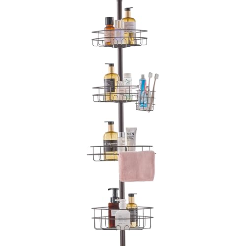 VEVOR Corner Shower Caddy Tension Pole, 4 Tier Adjustable Rustproof Organizer Shelves for Bathroom & Washroom, 42-114inch High, Bronze - color: Bronze