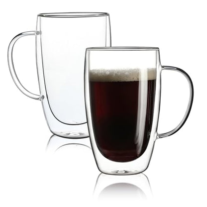 Aurzen 2 Pack Double Walled Glass Coffee Mugs with Handles, Large Insulated Layer Coffee Cups, 15oz Clear Borosilicate Mugs, Perfect for Cappuccino, Tea, Microwave Safe - color: 15oz-2Pack