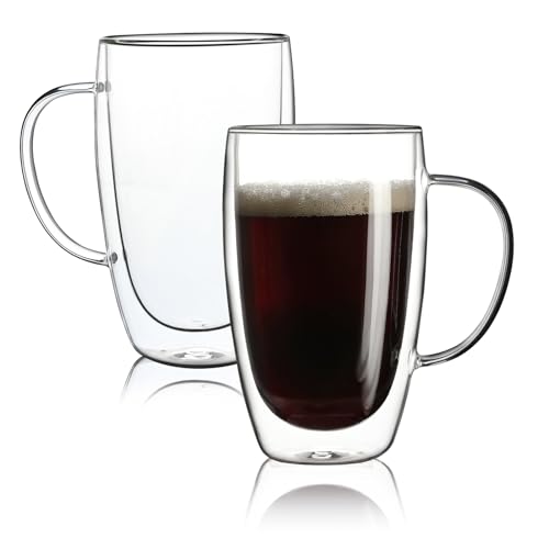 Aurzen 2 Pack Double Walled Glass Coffee Mugs with Handles, Large Insulated Layer Coffee Cups, 15oz Clear Borosilicate Mugs, Perfect for Cappuccino, Tea, Microwave Safe - color: 15oz-2Pack