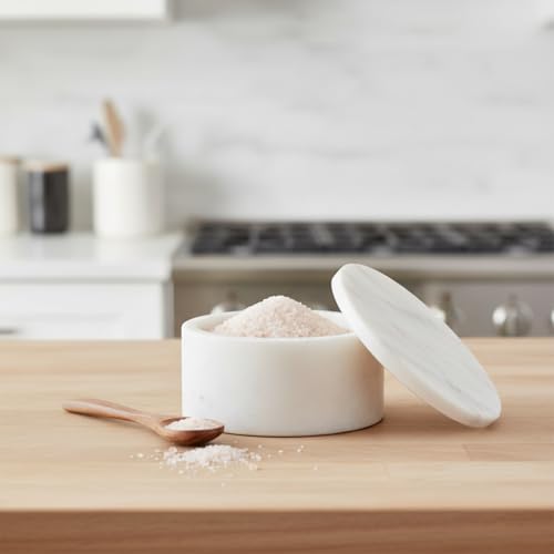 Queenza White Marble Salt Cellar with Lid – Handmade 3 Inch Marble Salt Bowl, Kosher Salt Keeper, Spice & Herb Container