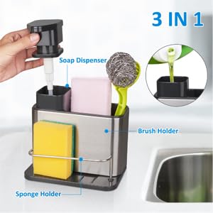 Kitchen Sink soap Dispenser, Three-in-one Kitchen countertop Sponge Holder, Stainless Steel Kitchen Sink Storage Rack, Suitable for Kitchen Sink countertop