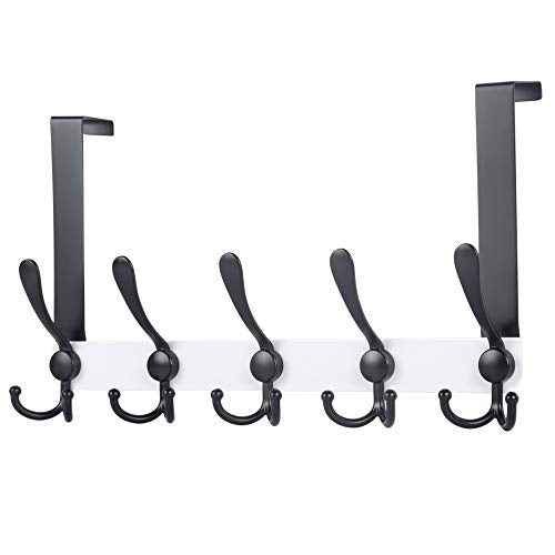 Over The Door Hook Hanger - Fits 1 3/8" to 1 3/4" Standard Doors | 5 Tri Hooks Heavy Duty Towel/Coat Rack | Door Organizer for Clothes, Jackets, Hats, Towels, White & Black - color: White & Black