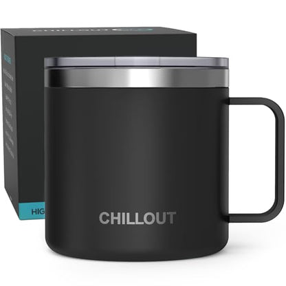 CHILLOUT LIFE Stainless Steel 16 oz Vacuum Insulated Coffee Mug with Handle and Lid, Large Thermal Camping Coffee Mug Cup with Durable Sliding Lid for Men & Women, Keeps your Beverages Hot &Cold - color: Black, size: 16 Ounces