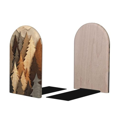 Simple Pine Trees and Mountain Shapes Bookends for Shelves 2 Pcs Wooden Book Stopper Organizer for Home Office Libraries