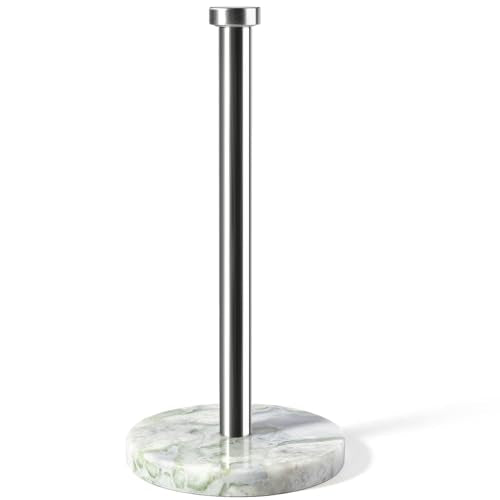 African Marble Paper Towel Holder Countertop, 6" Stone Base Gold Rod Paper Towel Holder Stand for Kitchen Storage, for Standard or Jumbo-Sized Rolls - color: White Green Marble-silver Rod, size: 6" Marble Base