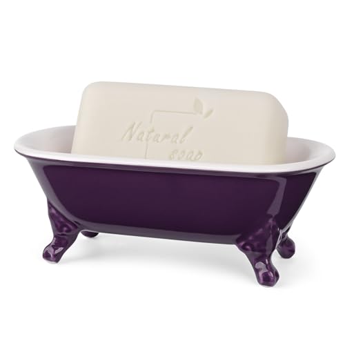 6.5" Ceramic Mini Decorative Clawfoot Bathtub Bar Soap Dish, Kitchen Sponge Holder and Shower Tray for Bathroom, 1 Pack(Plum) - color: Plum