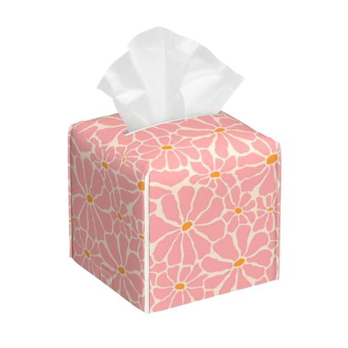 Pink Retro Groovy Flower Tissue Box Cover Square, Tissue Box Holder with Bottom Belt Leather Facial Paper Organizer Dispenser for Bathroom Bedroom Dresser Night Stand Tabletop - color: Pink Retro Groovy Flower