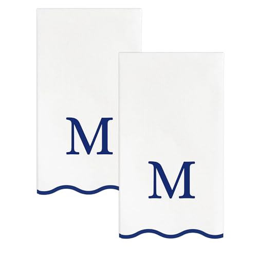 Stxy's Monogram Guest Towels, 40 Lettered Hand Towels - Navy Blue Letter 'M', Decorative Scalloped Monogrammed M Paper Napkins, Blue and White Disposable Dinner Napkins for Bathroom, Hostess Gifts - style: M