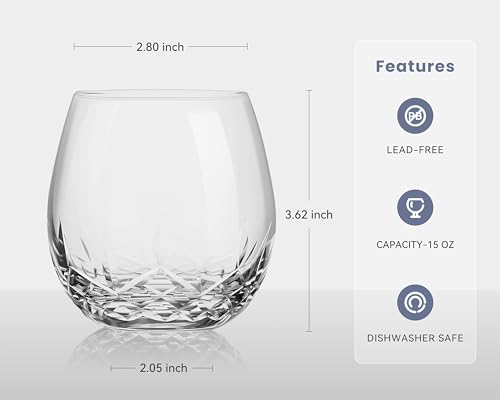 SHOSHIN Hand Cut Stemless Wine Glasses Lead-free Crystal Drinking Glass (15 Oz, Set of 4) | Hand-cut crystal stemless wine glasses with brilliant clarity, refined design, and versatile 15 oz capacity - color: Classic set of 4