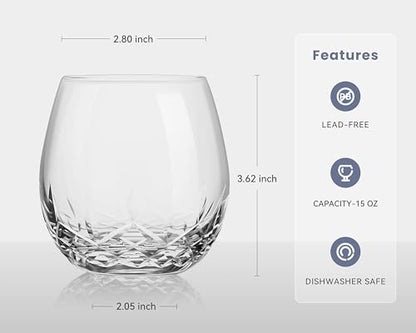 SHOSHIN Hand Cut Stemless Wine Glasses Lead-free Crystal Drinking Glass (15 Oz, Set of 4) | Hand-cut crystal stemless wine glasses with brilliant clarity, refined design, and versatile 15 oz capacity - color: Classic set of 4