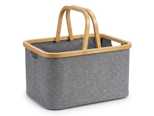 Bamboo Storage Basket with Handles, 45L Large Open-Top Fabric Organizer Bin for Blankets, Toys, Towels and Closet Shelves, Gray, 16.5 x 13.6 x 12.2 In