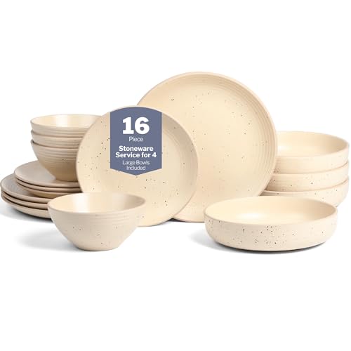 Stone Lain Lauren Modern Stoneware 16-piece Round Dinnerware Set, Plates and Bowls Set, Dish set for 4, Beige - color: Beige, size: 16-Piece Service for 4