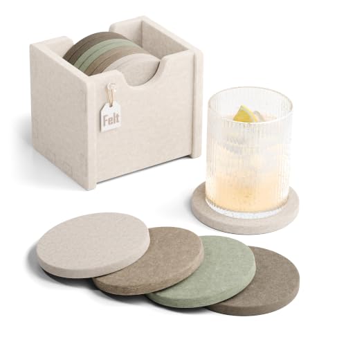 Fluxynara Felt Coasters with Holder, Set of 8 for Drinks, Linen Dusk | Round Felt Coasters, Absorbent, Heat-Resistant & Reusable for Drinks, Ideal for Coffee Tables and Living Rooms, 3.94 Inch - color: Linen Dusk, size: Round - 8 Count