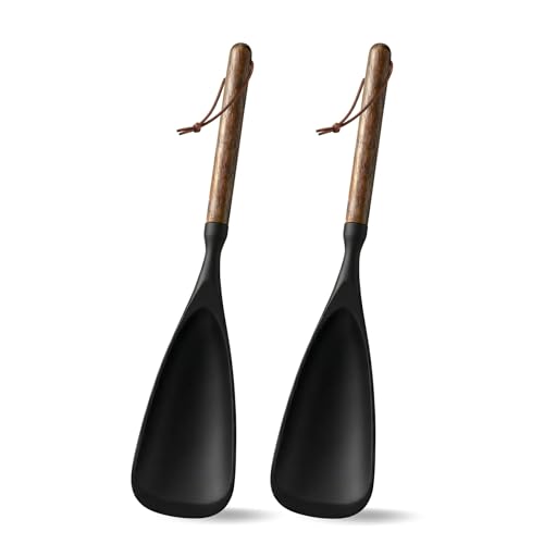 2-Pack Silicone Spoonula with Wooden Handle, BPA-Free Spatula Spoon for Nonstick Cookware, Heat Resistant Cooking Spoon for Mixing, Scraping, Scooping and Serving(Black) - color: Black