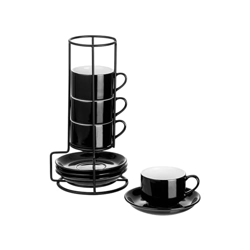 YOLIFE 2.5oz Espresso Cups Set of 4, Porcelain Stackable Espresso Cups, Expresso Shots Cup Set with Saucers and Metal Stand-Black - color: Black, size: 2.5oz