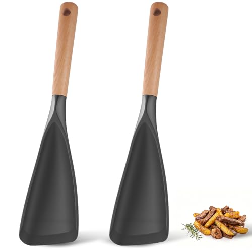 Cooking Spoon for Nonstick Cookwares, Multifunction Spatula Spoon, Great for Both Cooking and Serving, Wood Handle Spoon for Stirring, Mixing, Serving (2, GRAY) - color: Gray