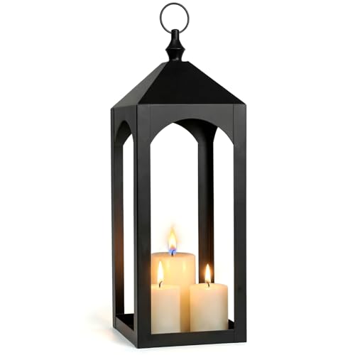 23 Inch Black Metal Outdoor Lantern with Hanging Ring Modern | Farmhouse Candle Lanterns for Porch Patio Fireplace Tabletop Decor No Glass Panel - size: 23Inch