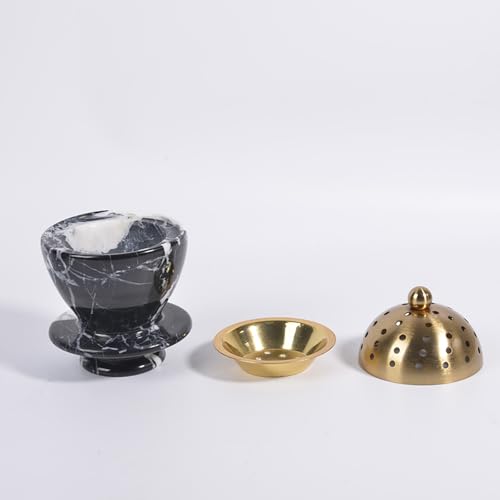 Natural Marble Incense Burner with Brass Accents 5.32” x 3.94” Multi-Purpose Holder for Cones/Sticks/Sage, Home Decor & Relaxation (Black and White) - color: Black and White