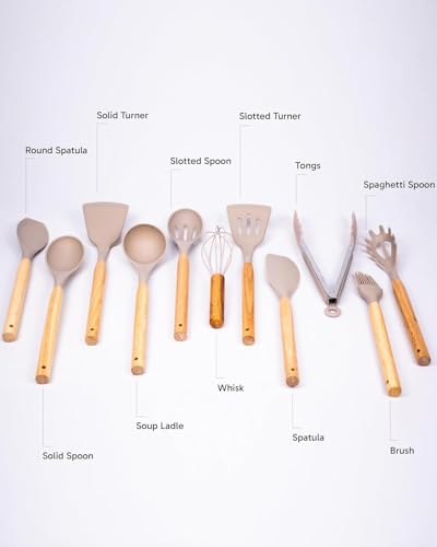 Silicone Cooking Utensils Kitchen Utensil Set - 446°F Heat Resistant Silicone Kitchen Utensils Set, Spatula,Turner Tongs, Spoon, Brush, Whisk,Kitchen Gadgets for Nonstick Cookware, BPA Free (Beige) - color: Beige