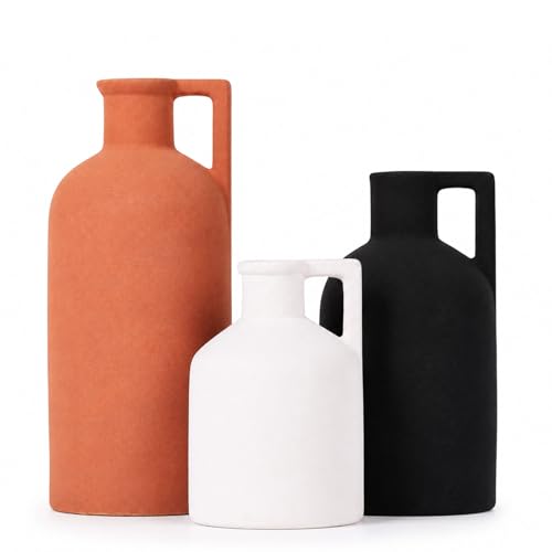 Ceramic Vase Set of 3, Terracotta White and Black Flower Vases Home Decor, Water-Holding Modern Boho Farmhouse Vases Decorative Centerpiece for Living Room Kitchen Table Shelf Mantel Entryway - color: Black Orange