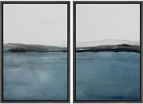 MUDECOR Framed Canvas Print Wall Art Set Blue Pastel Paint Stroke Landscape Abstract Shapes Illustrations Modern Art Decorative Bohemian Calm/Zen for Living Room, Bedroom, Office - 24"x36"x2 Black - color: A01-2208-m07, size: 36"L x 24"W, style: Black Fra
