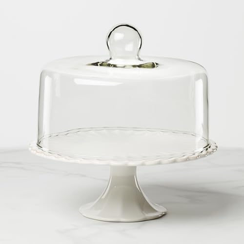 Lenox French Perle White Stoneware Cake Stand with Dome | Dishwasher safe | 2-piece, with dome cover | 11 inch, gift for women, cupcake stand, elegant entertaining - style: Cake Plate