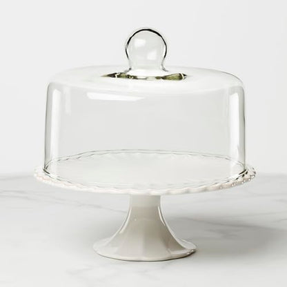 Lenox French Perle White Stoneware Cake Stand with Dome | Dishwasher safe | 2-piece, with dome cover | 11 inch, gift for women, cupcake stand, elegant entertaining - style: Cake Plate