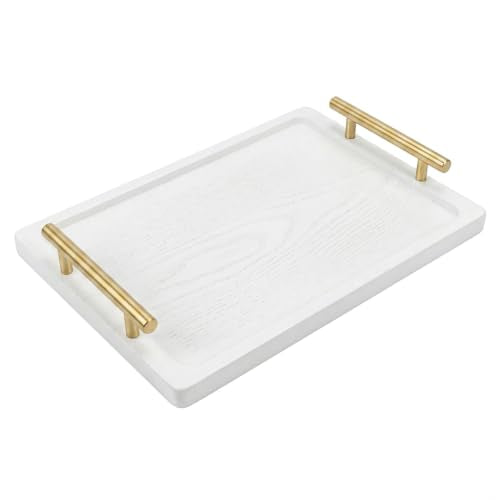 PEKER Wooden Serving Tray with Metal Handles, Black Decorative Coffee Table Tray for Breakfast in Bed, Ottoman & Home Décor, Wooden Food Tray for Kitchen (Bamboo Whtie Standard) - color: White