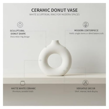 Ceramic Donut Vase, White Sculptural Ring Centerpiece for Shelf Mantel Desk Display (1 PC) - size: 8.46 x 2.56 x 9.06 in