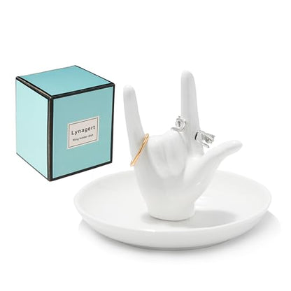 I LOVE YOU Hand Ring Holder - Ceramic Jewelry Holder Dish Trinket Tray for Rings, Earrings, Necklace Organizer, Engagement, Wedding, Christmas, Birthday Gifts (White) - color: White