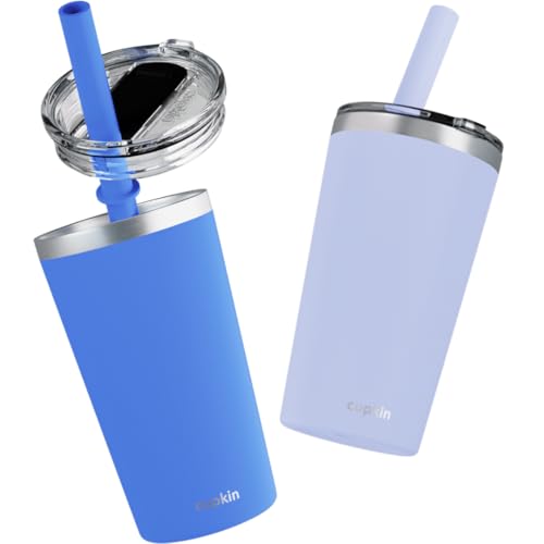CUPKIN Toddler Tumblers, The Original 12 oz Stackable Stainless Steel Cups, Set of 2 Powder Coated Insulated Kids Water Bottle Alternative & BPA Free Lids + Reusable Silicone Straws (Blue + Gray) - color: Blue + Gray, size: 12 Fl Oz (Pack of 2)