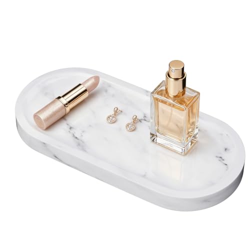 Decorative Trays with Natural Patterns,9.8x4.7x0.7in,Carrara White | Pure Marble Vanity Tray with Anti Slip Foot Pads, Polishing Pallet,Elliptical Stone Bathroom Organizer,Platter for jewelry - color: Carrara White