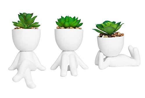 Zerzsy 3 Pack Artificial Succulent Plants for Office Desk, Fake Plants with Ceramics Human Shaped Pots, Small Cute Fake Succulents Pots for Bedroom/Room/Cubicle/Bookshelf Decor (Ceramic White) - color: White