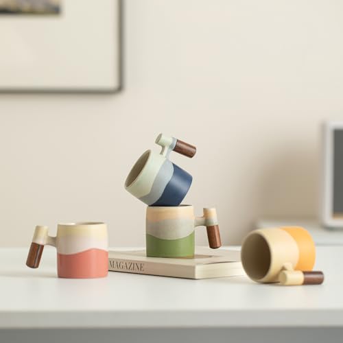 2.4oz Ceramic Espresso Cups Set of 4, Small Coffee Cups with Wooden Handle, Gradient Color Demitasse Cups, Ceramic Tea Cups Gift Box Packaging - color: Straight Handle