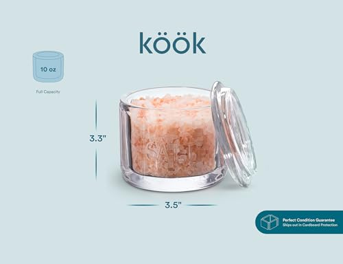 KooK Glass Salt Cellar, with Lid, Embossed Pressed Glass, Clear Storage Container, for Coffee, Sugar, Spices and Candies, 10 oz (Clear) - color: Clear