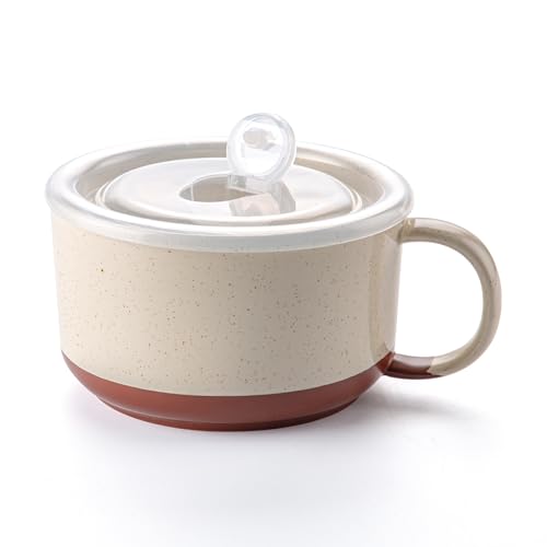 Jumbo Ceramic Soup Bowl with Lid, Microwave Safe - Cream | Soup Mug with Big Handle for Ramen Cereal Breakfast Meal Prep Office Lunch Dorm Living - 38 oz Extra Large Food Container - color: Cream, size: Set of 1